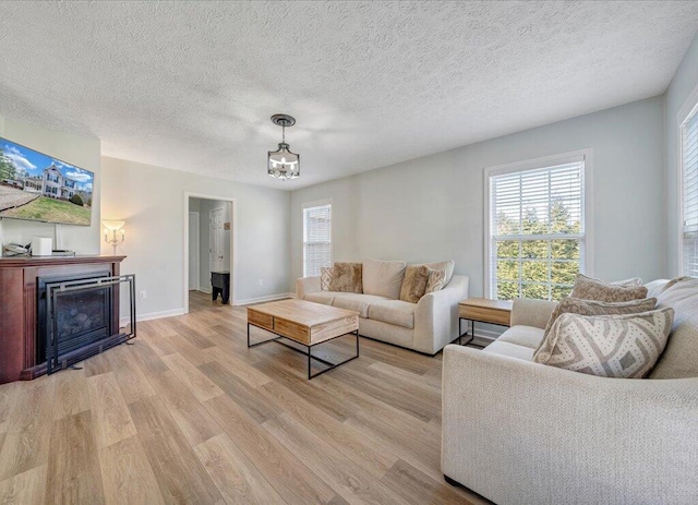 living room with a healthy amount of sunlight, light wood finished floors, and a fireplace