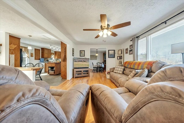 living room with ceiling fan, a textured ceiling, and light wood-type flooring