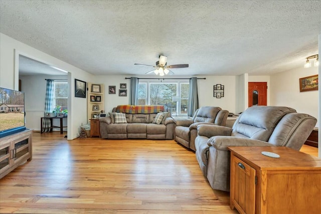 living room featuring a healthy amount of sunlight, light wood-style flooring, and a textured ceiling