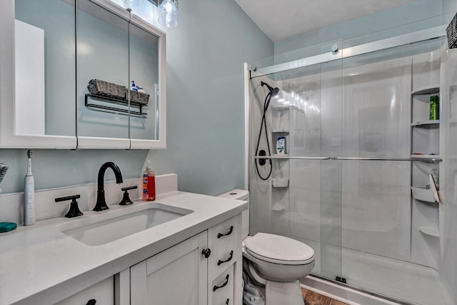 full bathroom with toilet, a stall shower, and vanity