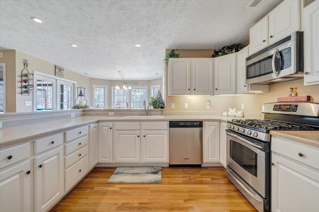 kitchen featuring a sink, an inviting chandelier, light wood finished floors, and stainless steel appliances