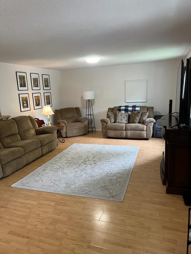 living room with a textured ceiling and light wood-style flooring