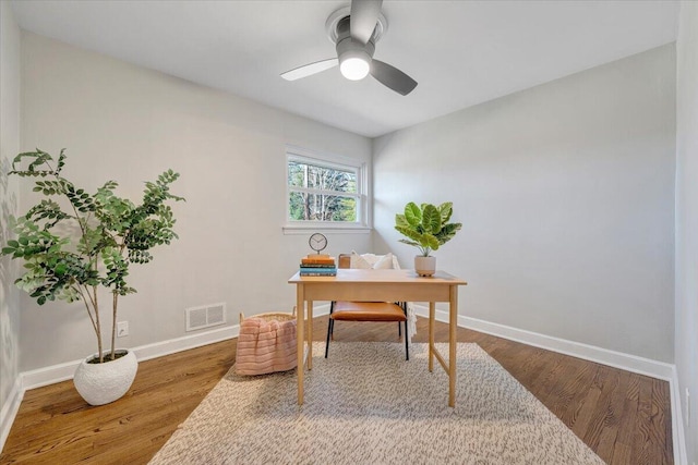 home office featuring ceiling fan, visible vents, baseboards, and wood finished floors