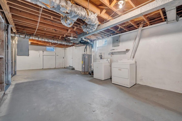 basement featuring electric panel, separate washer and dryer, and water heater