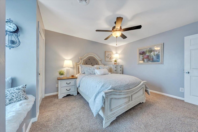 bedroom with baseboards, light carpet, and ceiling fan