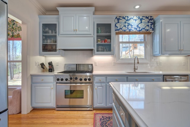 kitchen with premium range hood, light wood finished floors, a sink, stainless steel appliances, and crown molding