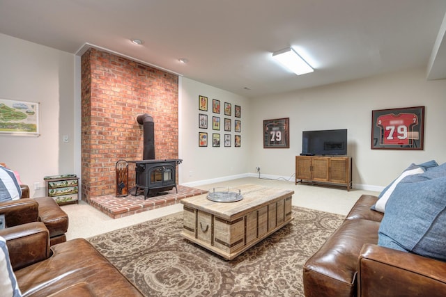 living area with light carpet, a wood stove, and baseboards