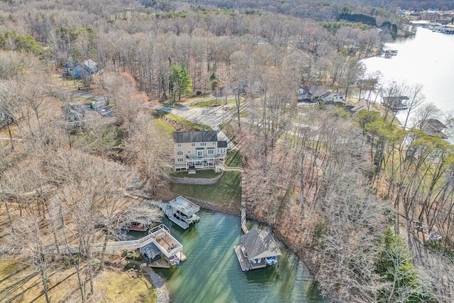 drone / aerial view featuring a view of trees and a water view