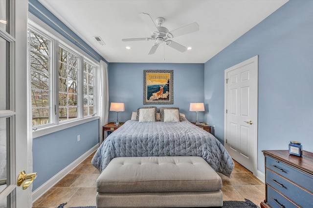 bedroom with recessed lighting, visible vents, baseboards, and a ceiling fan