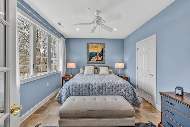 bedroom featuring baseboards, ceiling fan, and recessed lighting