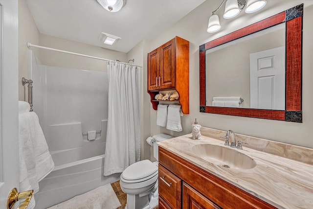 bathroom featuring toilet, vanity, and shower / tub combo