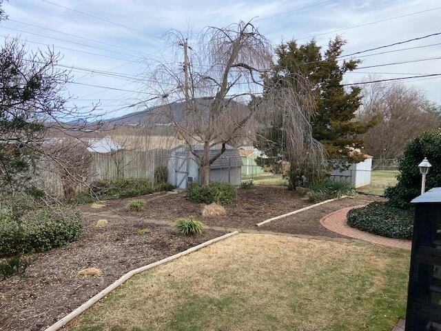 view of yard featuring a storage shed, fence, and an outbuilding