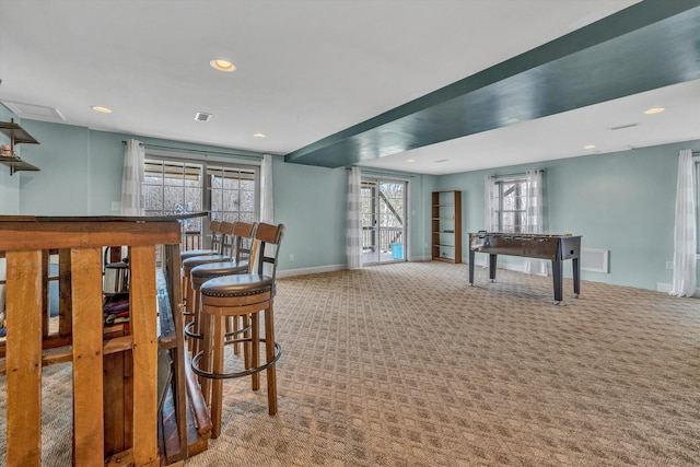 bar with recessed lighting, carpet, baseboards, and a wealth of natural light