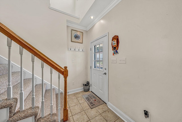 entryway featuring baseboards, stairway, ornamental molding, recessed lighting, and light tile patterned flooring