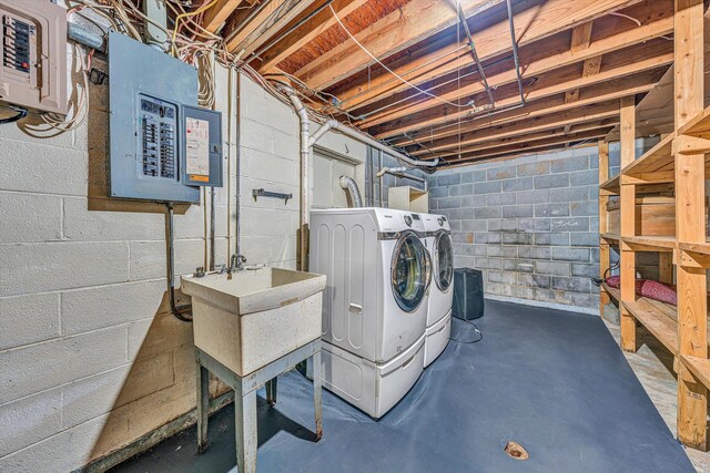 interior space with electric panel, laundry area, and washer and clothes dryer