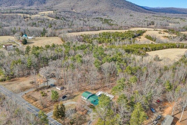 birds eye view of property featuring a wooded view and a mountain view