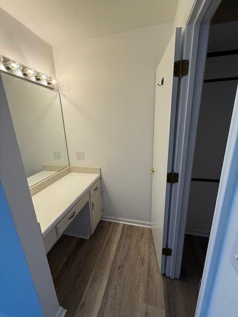 bathroom with baseboards, wood finished floors, and vanity