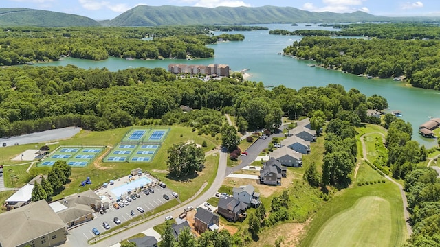 aerial view featuring a water and mountain view and a view of trees