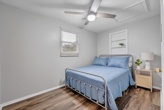 39 Daisy Hill Ln, Rocky Mount, VA 24151 - bedroom with visible vents, wood finished floors, baseboards, attic access, and ceiling fan