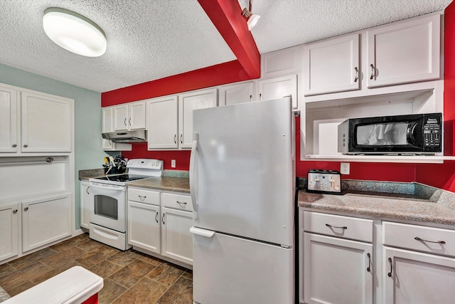 kitchen featuring under cabinet range hood, white appliances, a textured ceiling, and white cabinetry