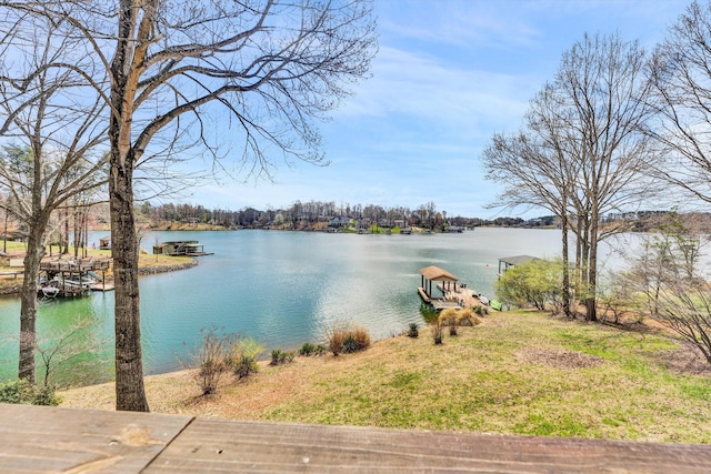 property view of water with a dock