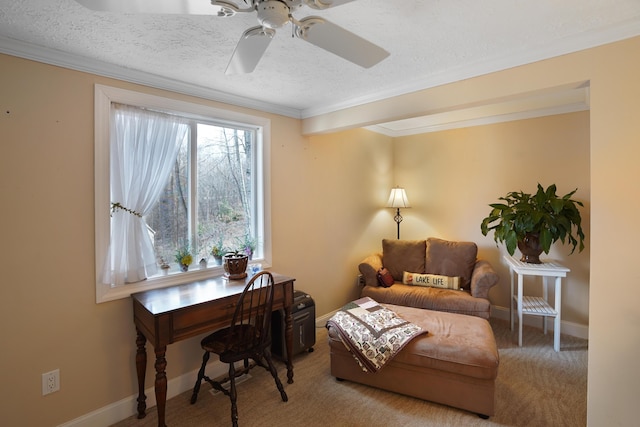 interior space with baseboards, a textured ceiling, ornamental molding, and carpet flooring