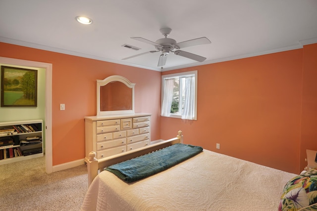 carpeted bedroom featuring visible vents, baseboards, ornamental molding, recessed lighting, and a ceiling fan