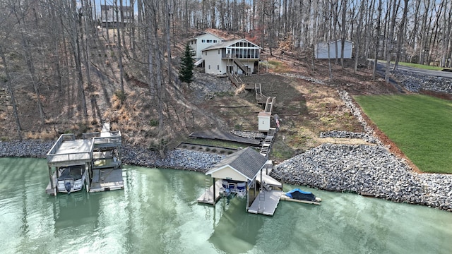 aerial view featuring a water view