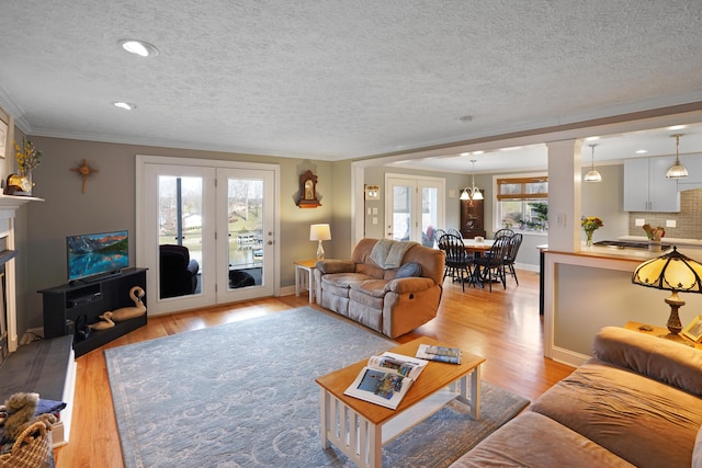 living area featuring a fireplace, french doors, baseboards, and light wood finished floors