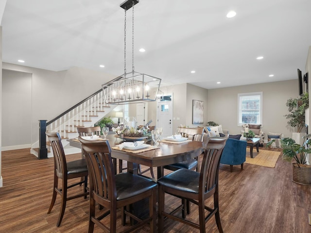 dining room featuring stairway, recessed lighting, dark wood-style floors, and baseboards