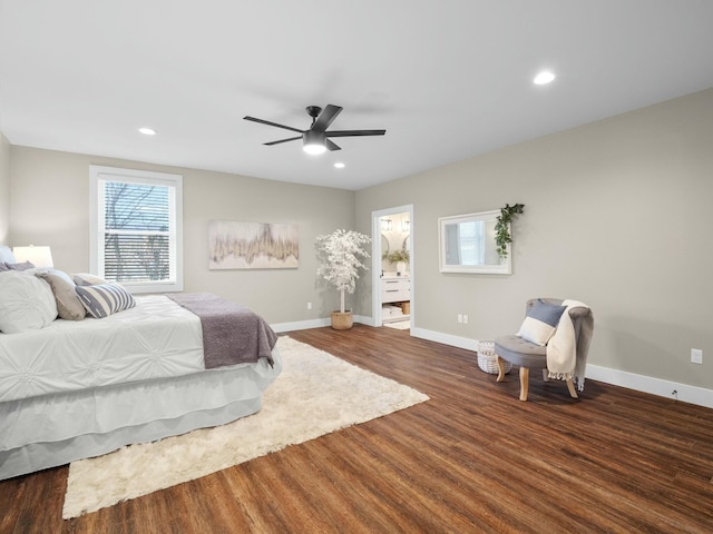 bedroom with recessed lighting, wood finished floors, baseboards, and ceiling fan