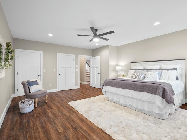 bedroom with recessed lighting, baseboards, wood finished floors, and a ceiling fan