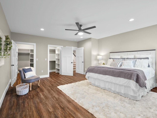 bedroom with recessed lighting, a ceiling fan, baseboards, and wood finished floors