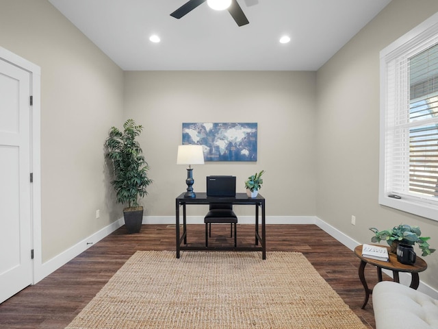 office featuring ceiling fan, baseboards, dark wood-style floors, and recessed lighting