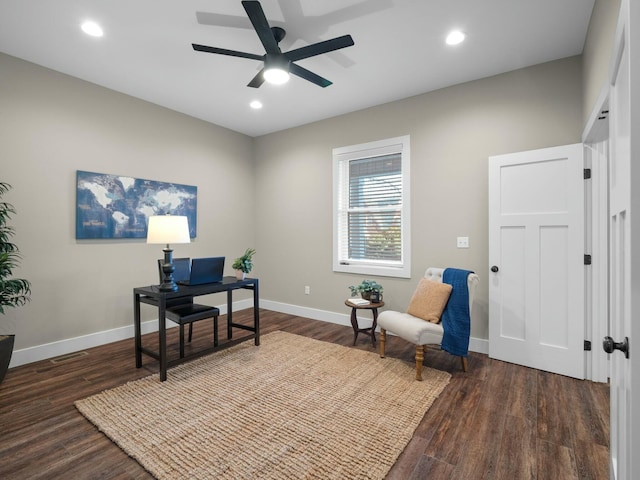 home office featuring recessed lighting, wood finished floors, and baseboards