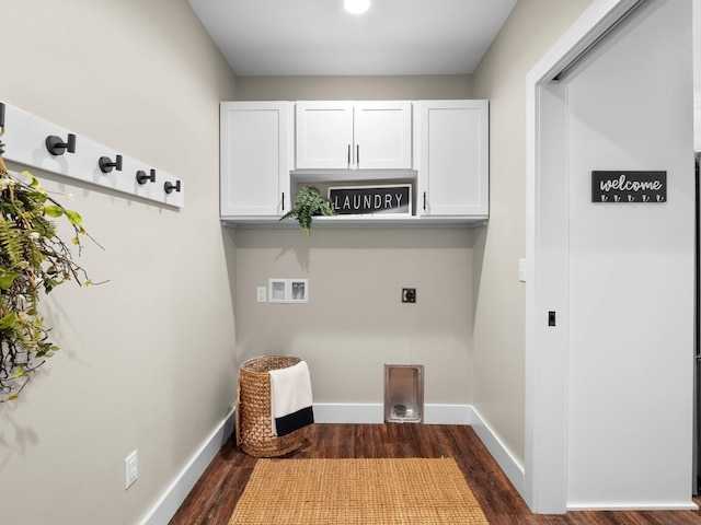 clothes washing area with washer hookup, dark wood finished floors, cabinet space, baseboards, and hookup for an electric dryer