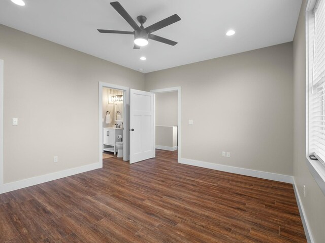 unfurnished bedroom with dark wood-type flooring, recessed lighting, baseboards, and ceiling fan