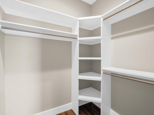 walk in closet with dark wood finished floors