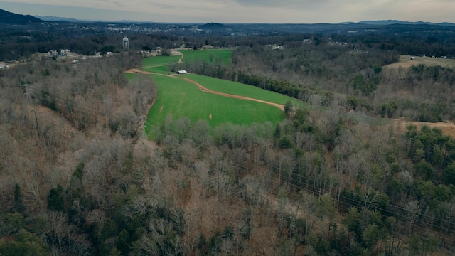 drone / aerial view featuring a mountain view and a view of trees