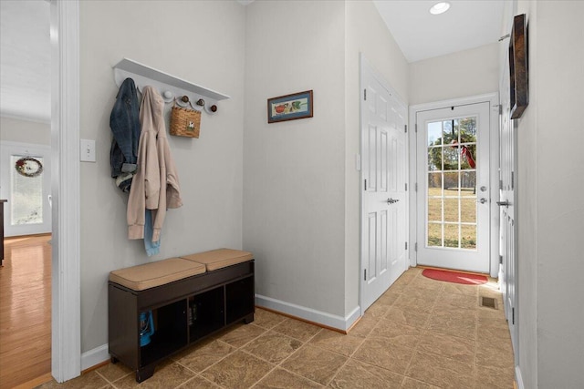 mudroom featuring visible vents and baseboards