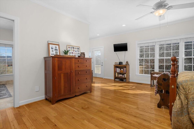 bedroom with crown molding, recessed lighting, baseboards, and light wood-type flooring