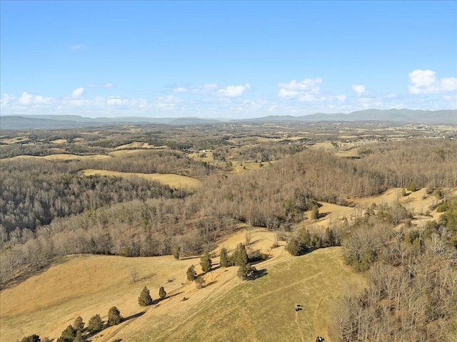 birds eye view of property with a wooded view and a mountain view