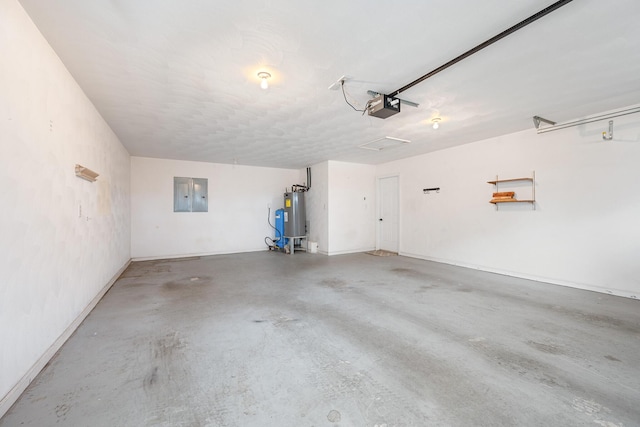 garage with water heater, a garage door opener, and electric panel