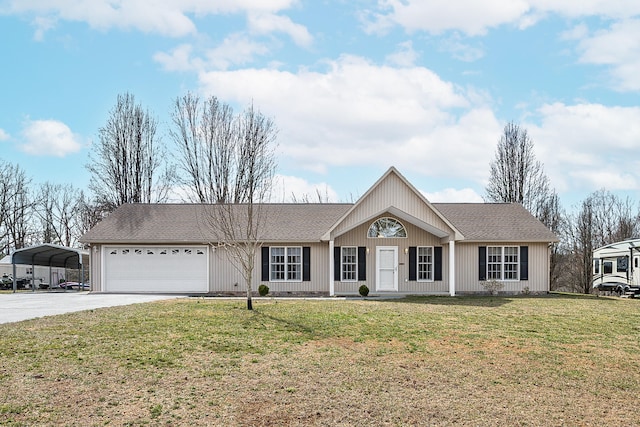 single story home featuring a carport, driveway, an attached garage, and a front yard