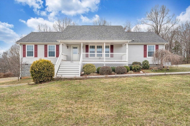 ranch-style house with crawl space, covered porch, a front yard, and roof with shingles