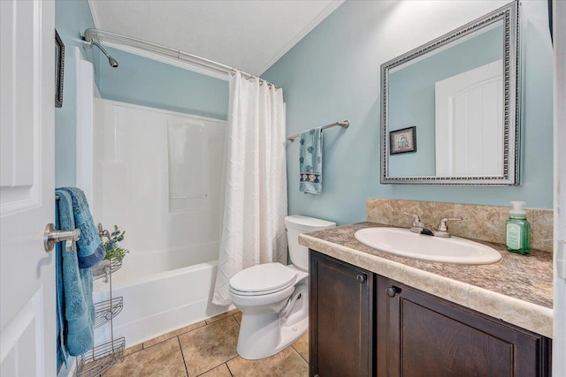 bathroom featuring vanity, toilet, shower / bath combo, and tile patterned flooring