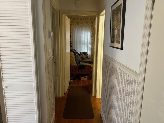 hall featuring wood finished floors and wainscoting