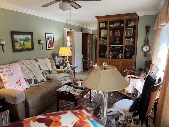 living area featuring ceiling fan and ornamental molding