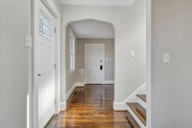 entrance foyer featuring plenty of natural light, wood finished floors, arched walkways, and baseboards