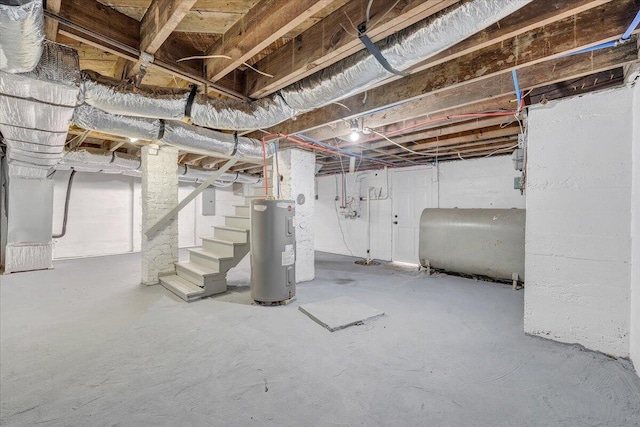 unfinished below grade area featuring heating fuel, stairway, electric panel, and water heater
